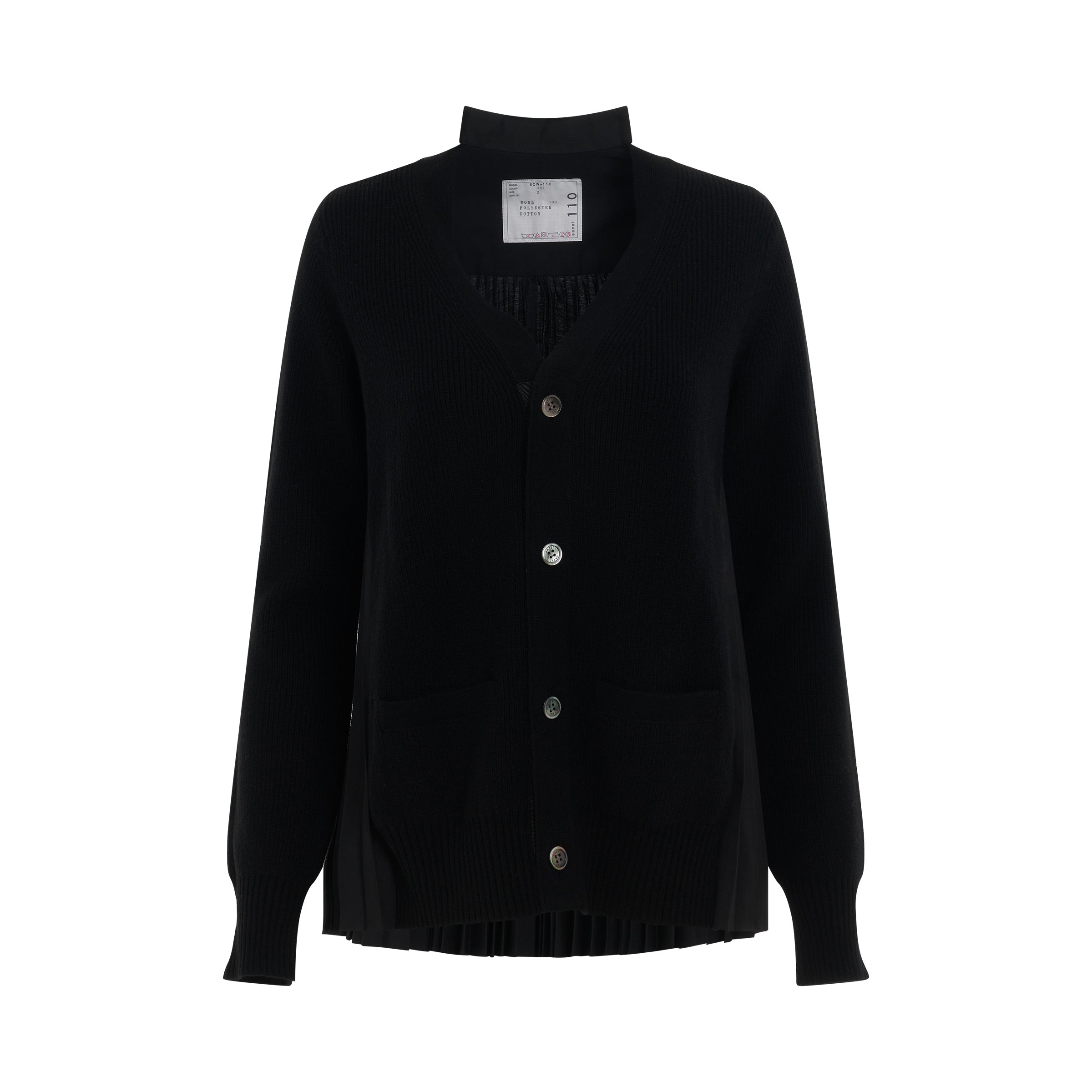 Wool Knit Pleated Cardigan in Black