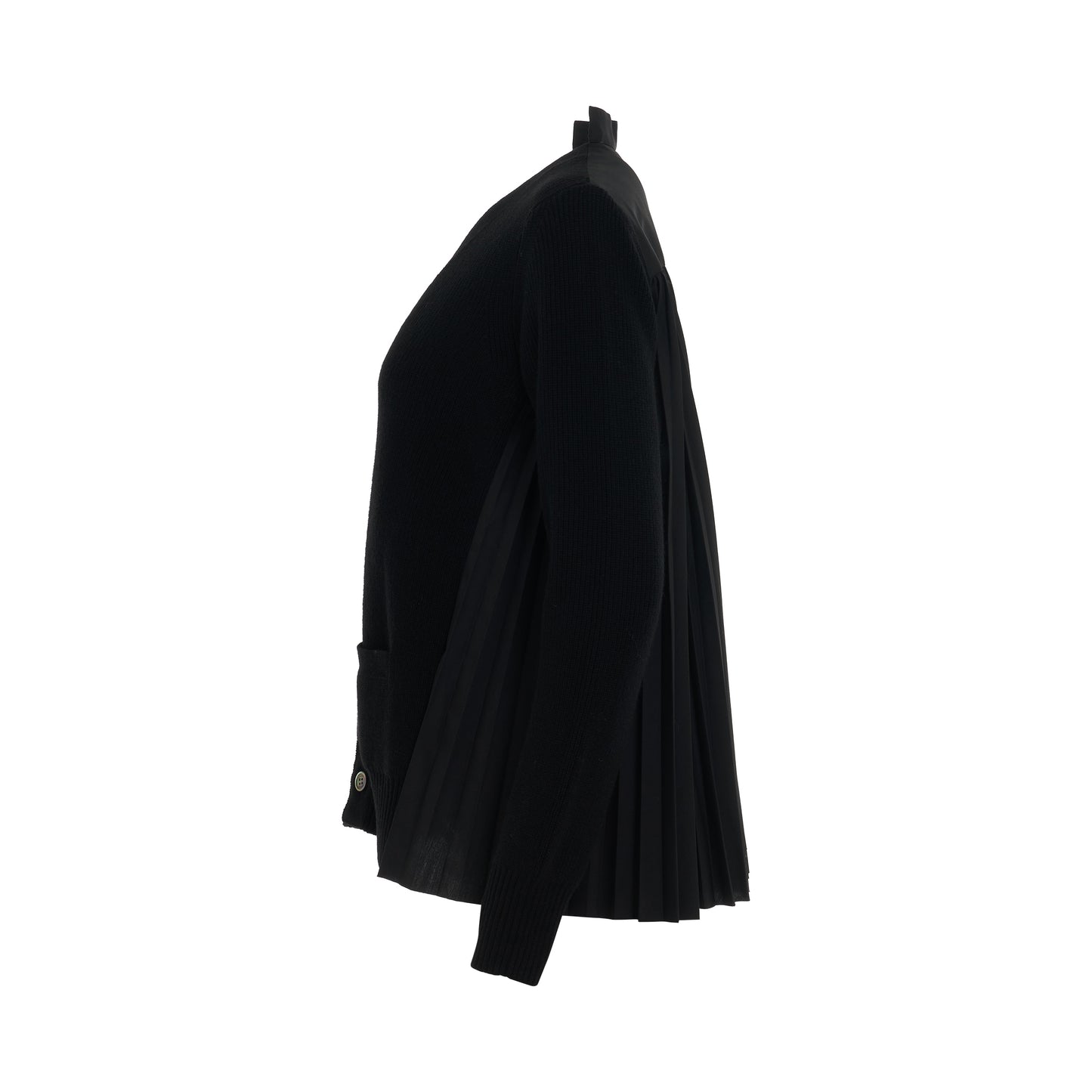 Wool Knit Pleated Cardigan in Black