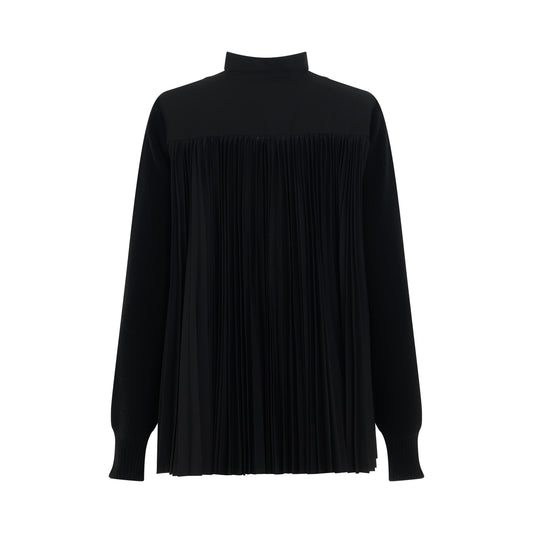 Wool Knit Pleated Cardigan in Black