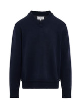 Maison Margiela Elbow Patch V-Neck Knit Sweater in Navy
