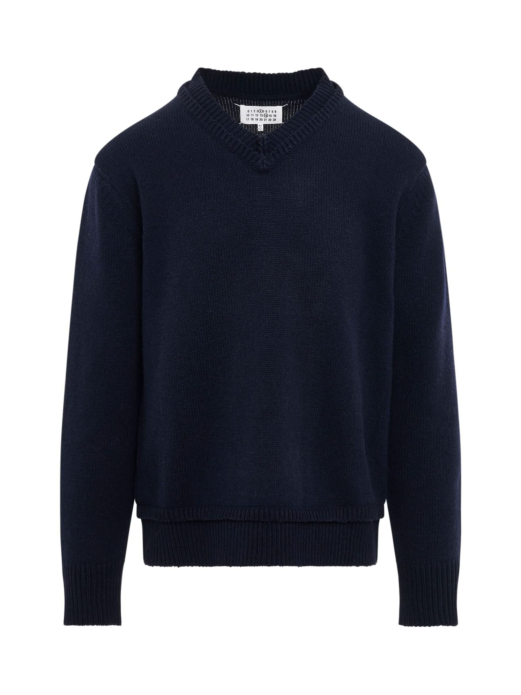 Maison Margiela Elbow Patch V-Neck Knit Sweater in Navy