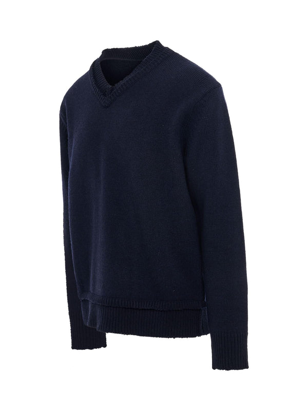 Maison Margiela Elbow Patch V-Neck Knit Sweater in Navy