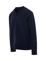 Maison Margiela Elbow Patch V-Neck Knit Sweater in Navy
