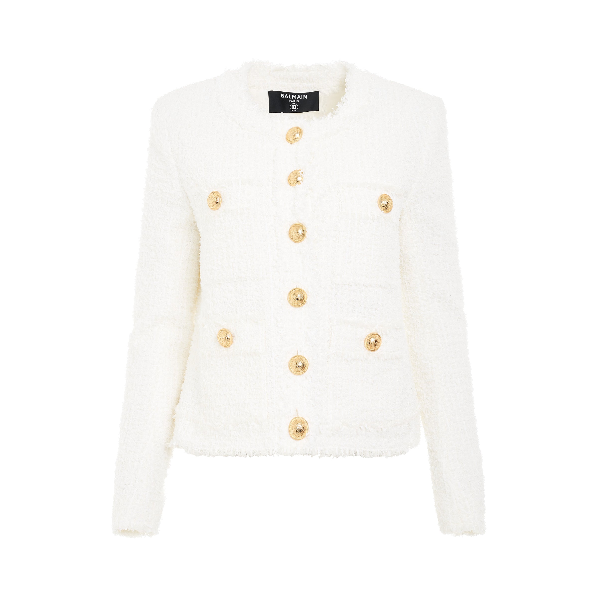 Collarless 4 Pockets Tweed Jacket in White