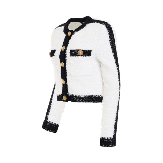 2 Pockets Tweed Knit Cropped Jacket in White/Black