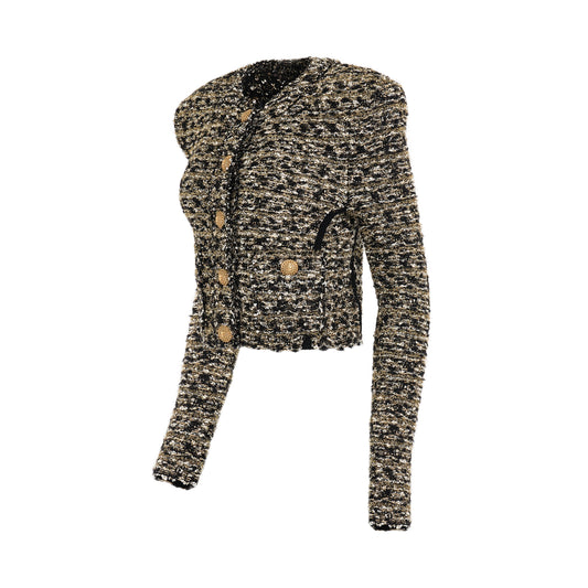 Collarless 2 Pockets Tweed Cropped Jacket in Black/Gold