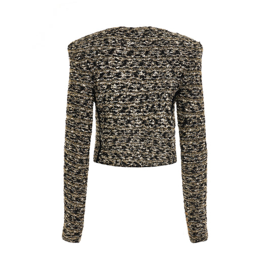 Collarless 2 Pockets Tweed Cropped Jacket in Black/Gold