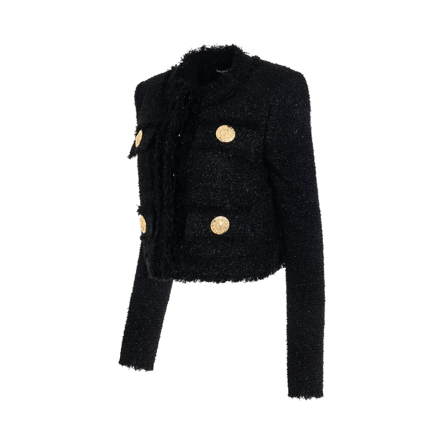 Collarless 4 Pockets Tweed Jacket in Black