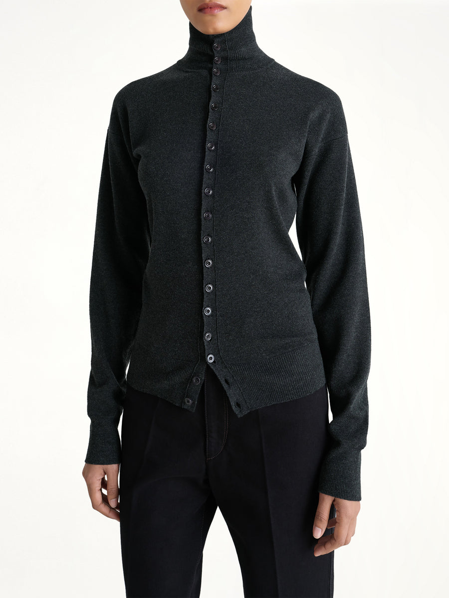 Buttoned Fitted Cardigan in Anthracite Melange