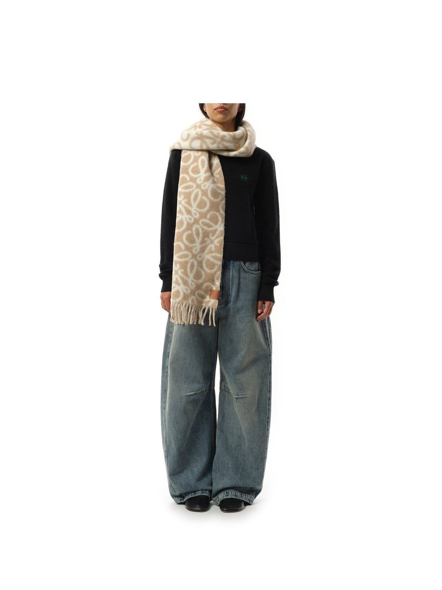 Loewe Textured Anagram Scarf in Beige/White