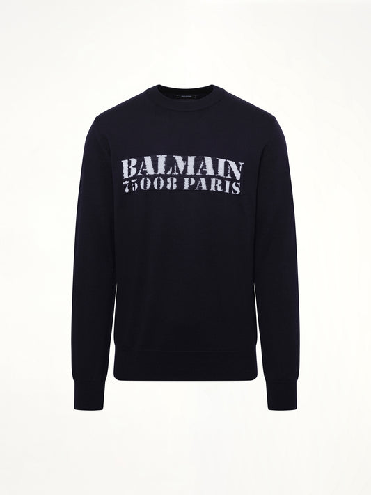Balmain Big Stamp Knit Sweater in Navy/White