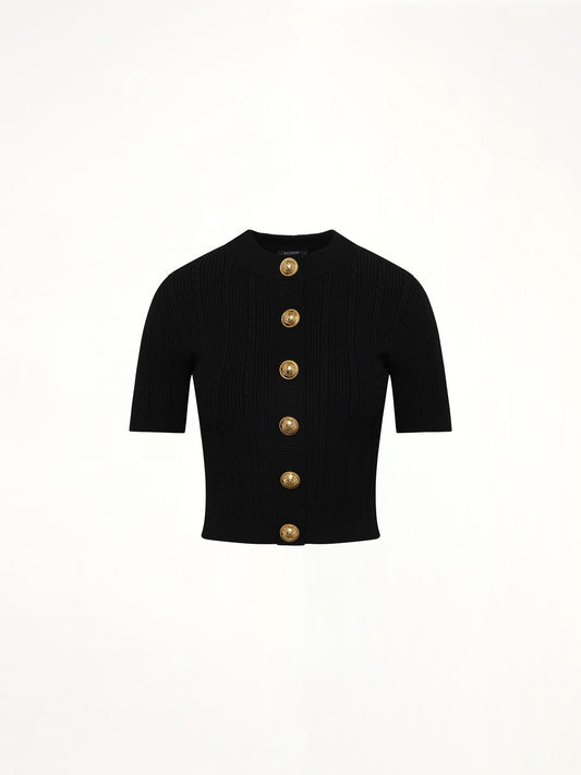 SS Buttoned Torsade Knit Cardigan in Black