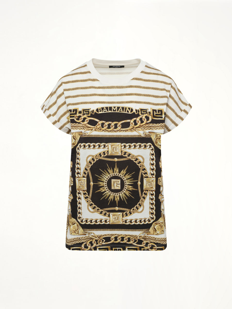 3 BTNS Foulard Print T-Shirt in White/Black/Gold