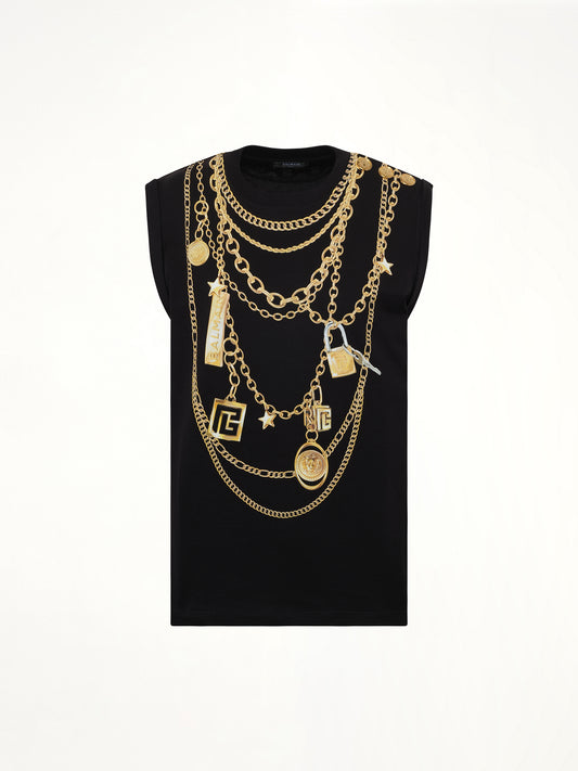 Trompe L'Oeil Necklace Print Tank Top in Black/Gold