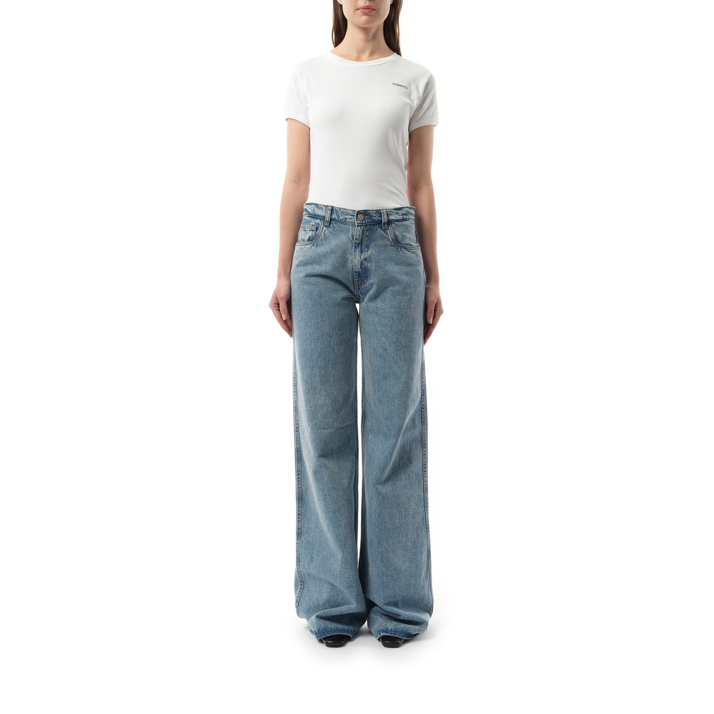 Wide Leg Denim Pants in Blue Washed