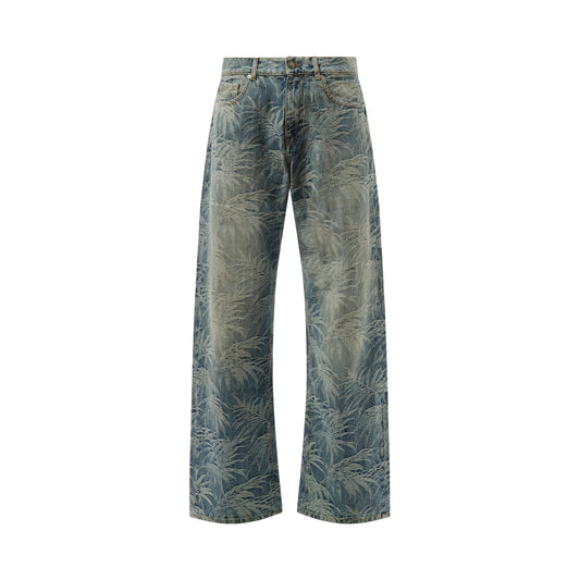 Loose 5 Pocket Palms Wash Denim Pants in Indigo Blue