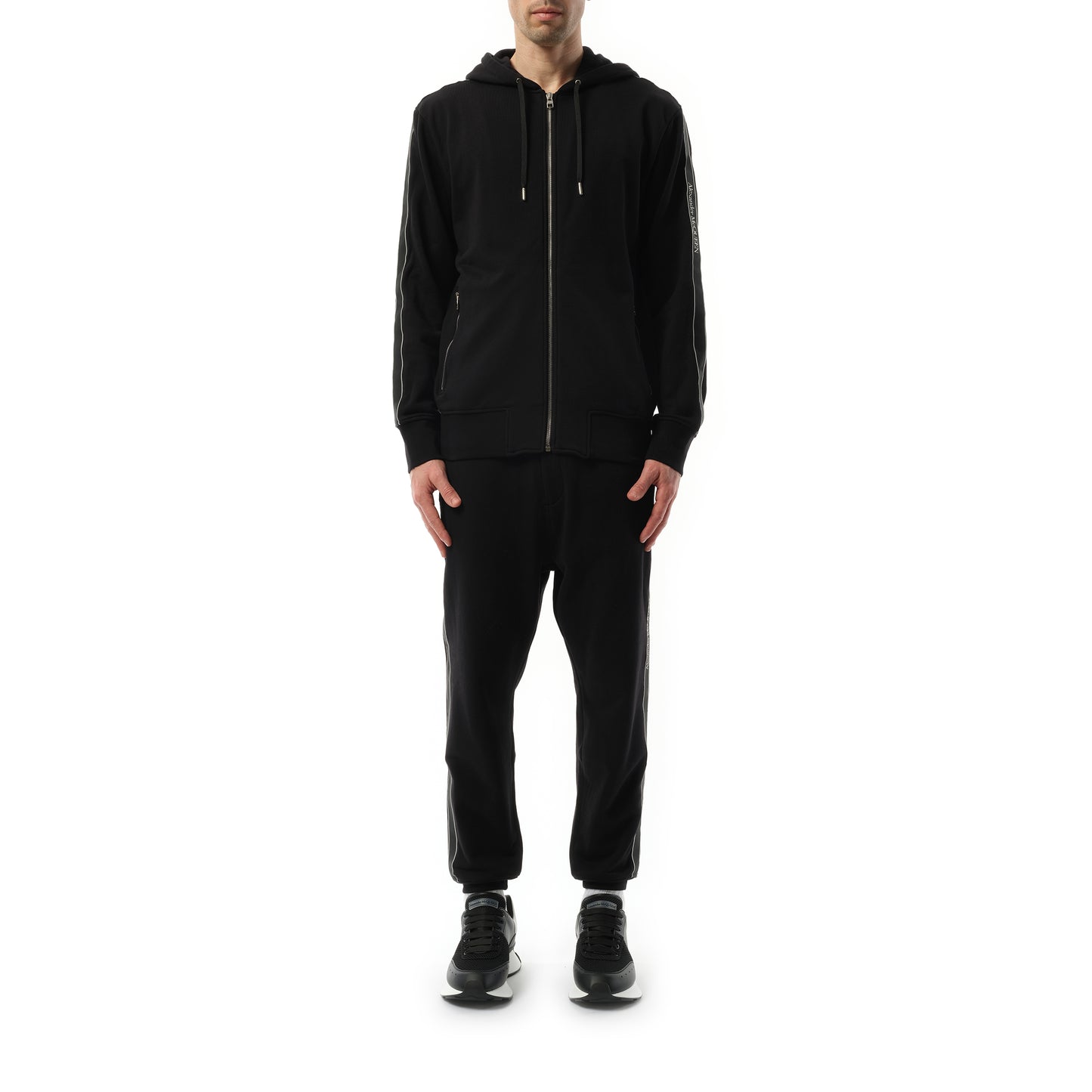 Tape Zip Up Hoodie in Black/Black