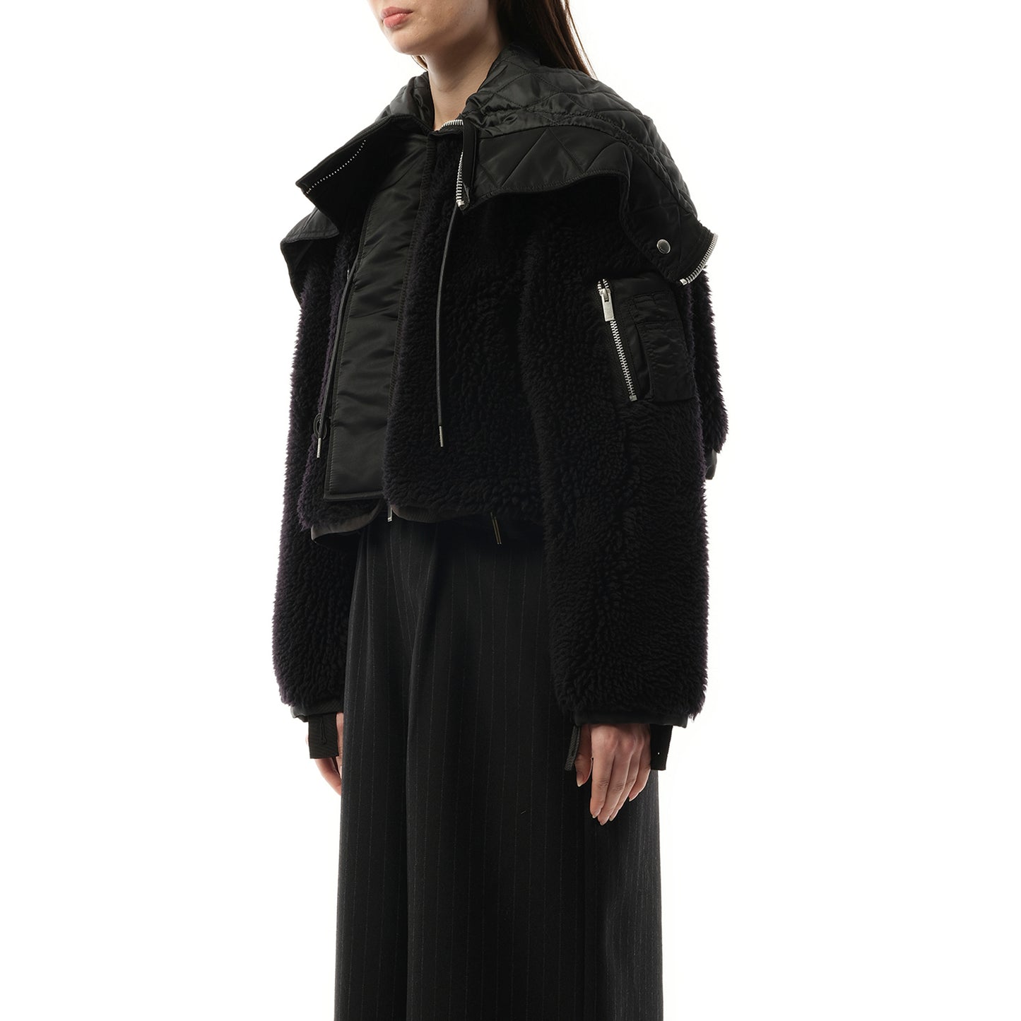 Faux Shearling x Nylon Twill Blouson in Black