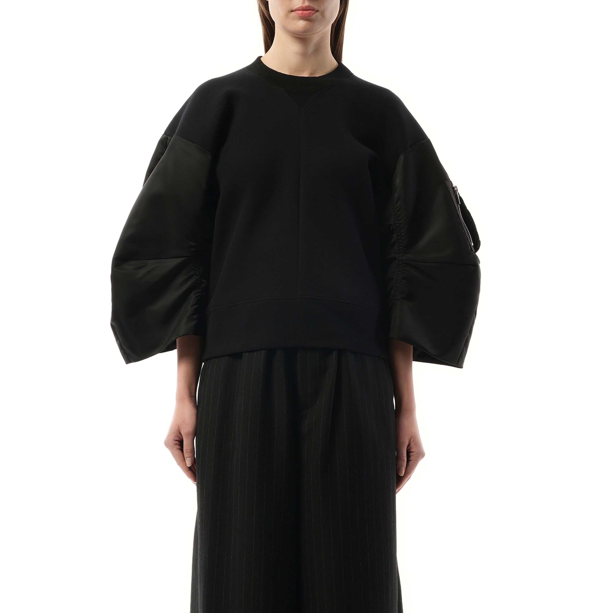 Balloon Sleeve Nylon Twill x Sponge Sweatshirt in Black