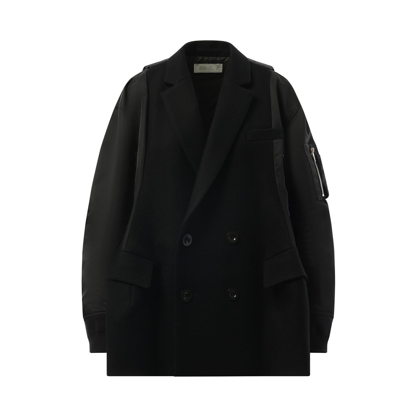 Wool Melton x Nylon Twill Quilted Coat in Black