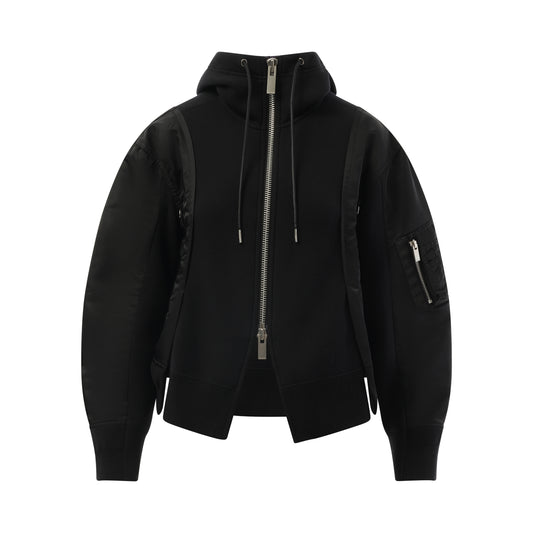 Nylon Twill x Sponge Sweat Zip-Up Hoodie in Black