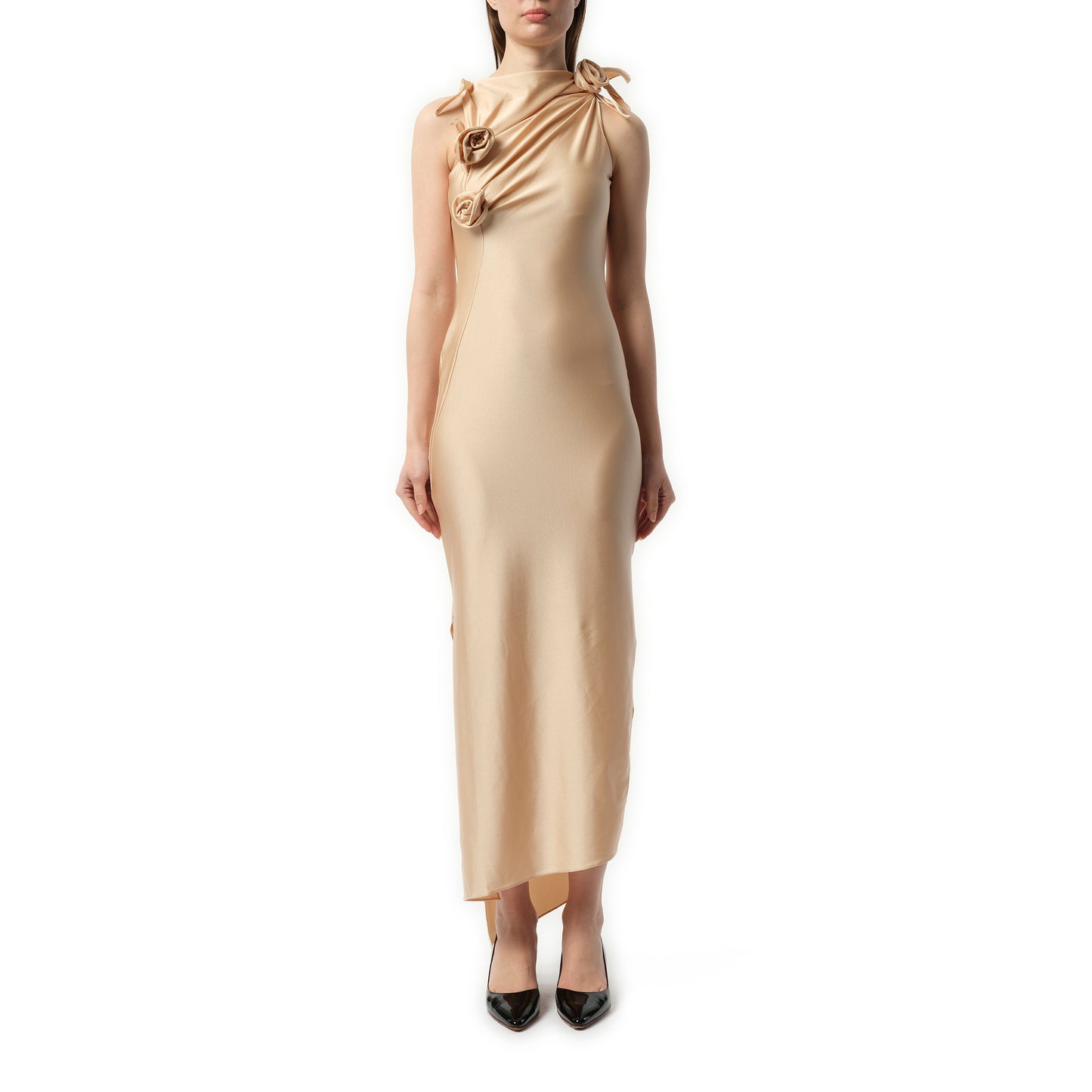 Asymmetric Flower Gown in Beige