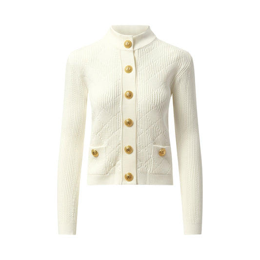 Buttoned 2 Pockets Vichy Knit Cardigan in White