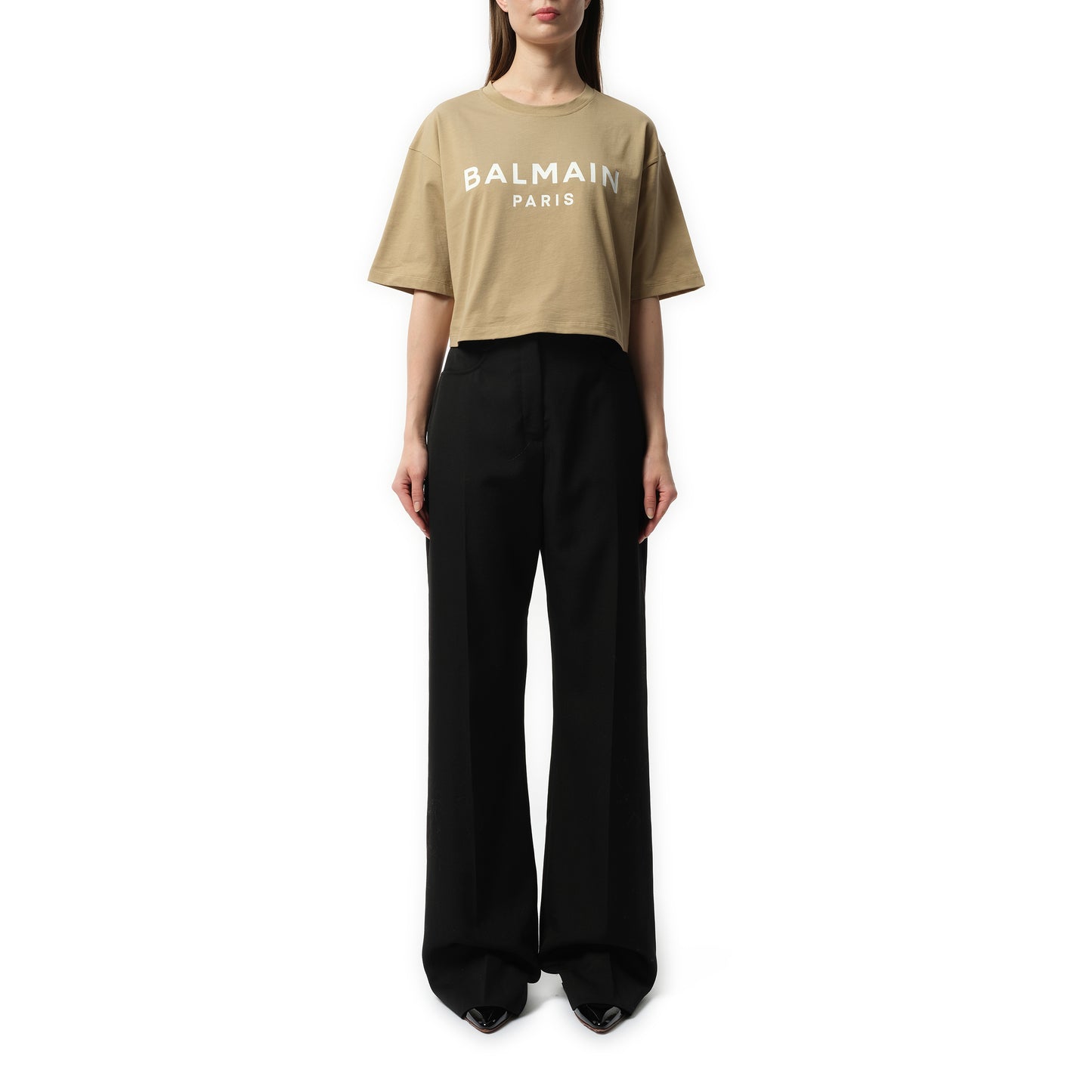 Balmain Printed Cropped T-Shirt in Beige/White