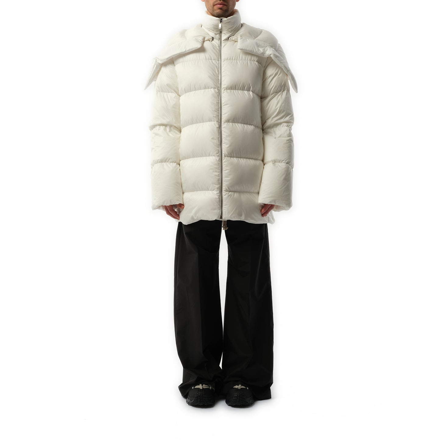 Rick Owens x Moncler Hooded Cyclopic Coat in Milk