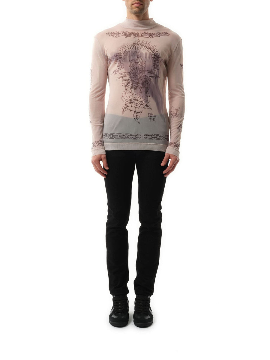 Tattoo Shrine Mesh Long Sleeve T-Shirt in Beige
