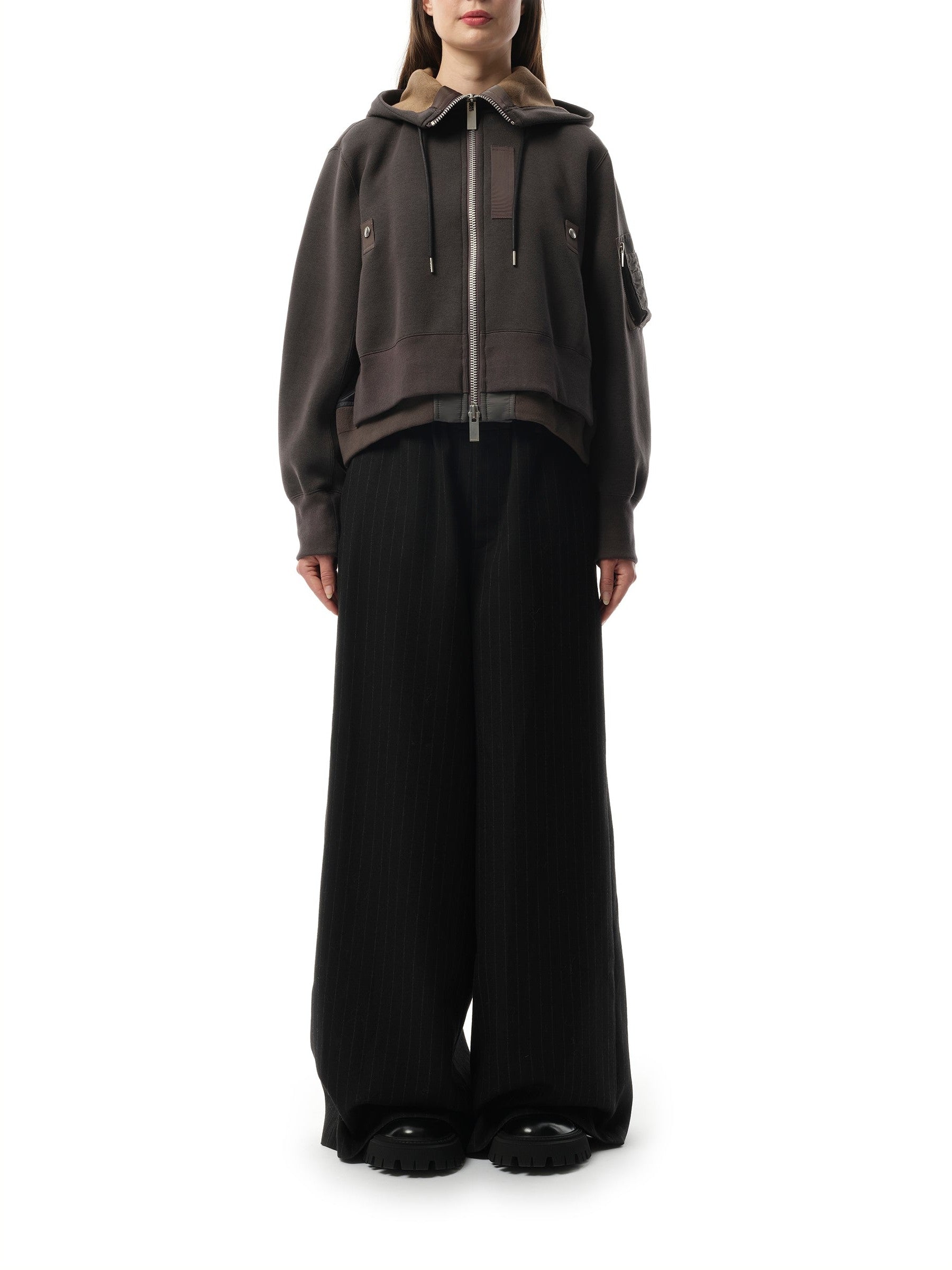Sacai Sponge Sweat x Nylon Twill Zip Hoodie in Charcoal Gray