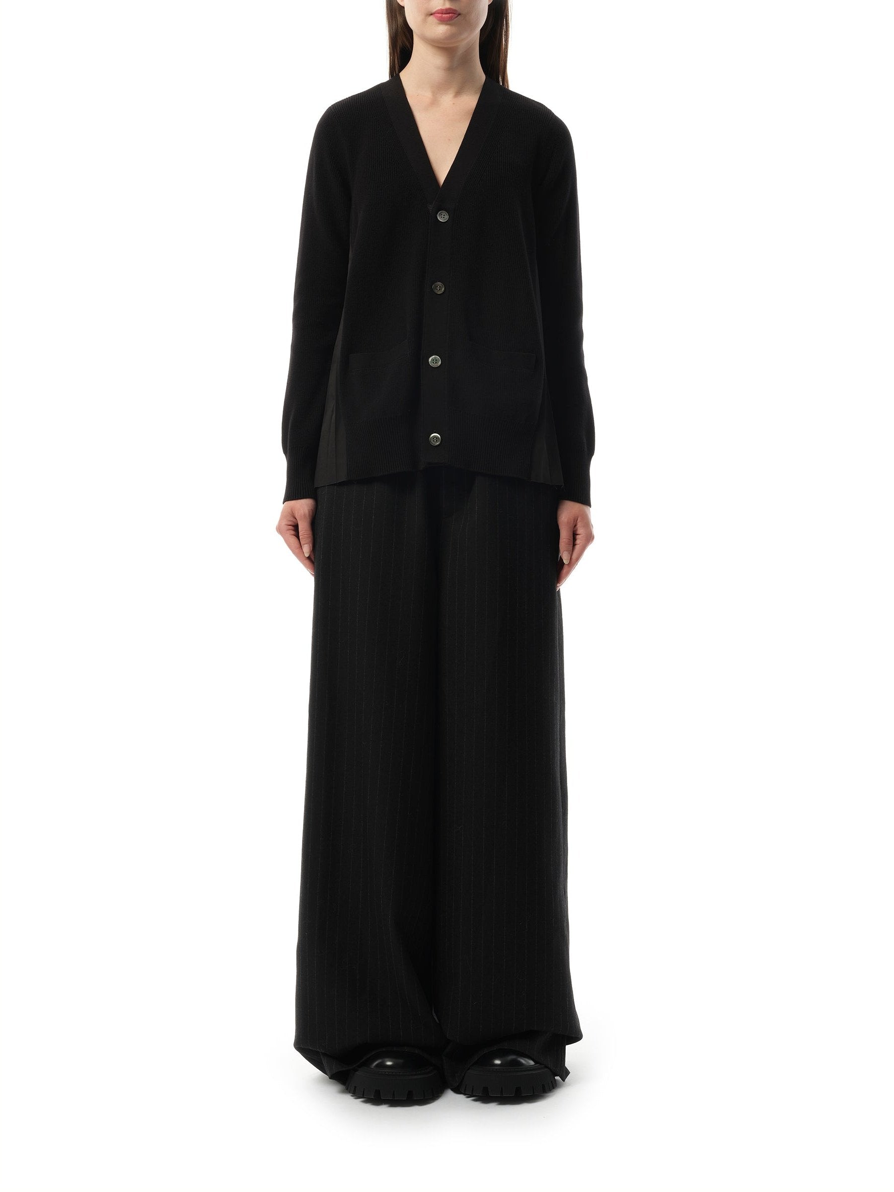 Sacai Cotton Knit x Cotton Poplin Cardigan in Black