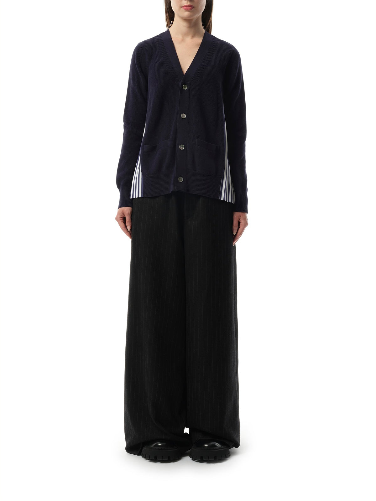 Sacai Cotton Knit x Cotton Poplin Cardigan in Navy