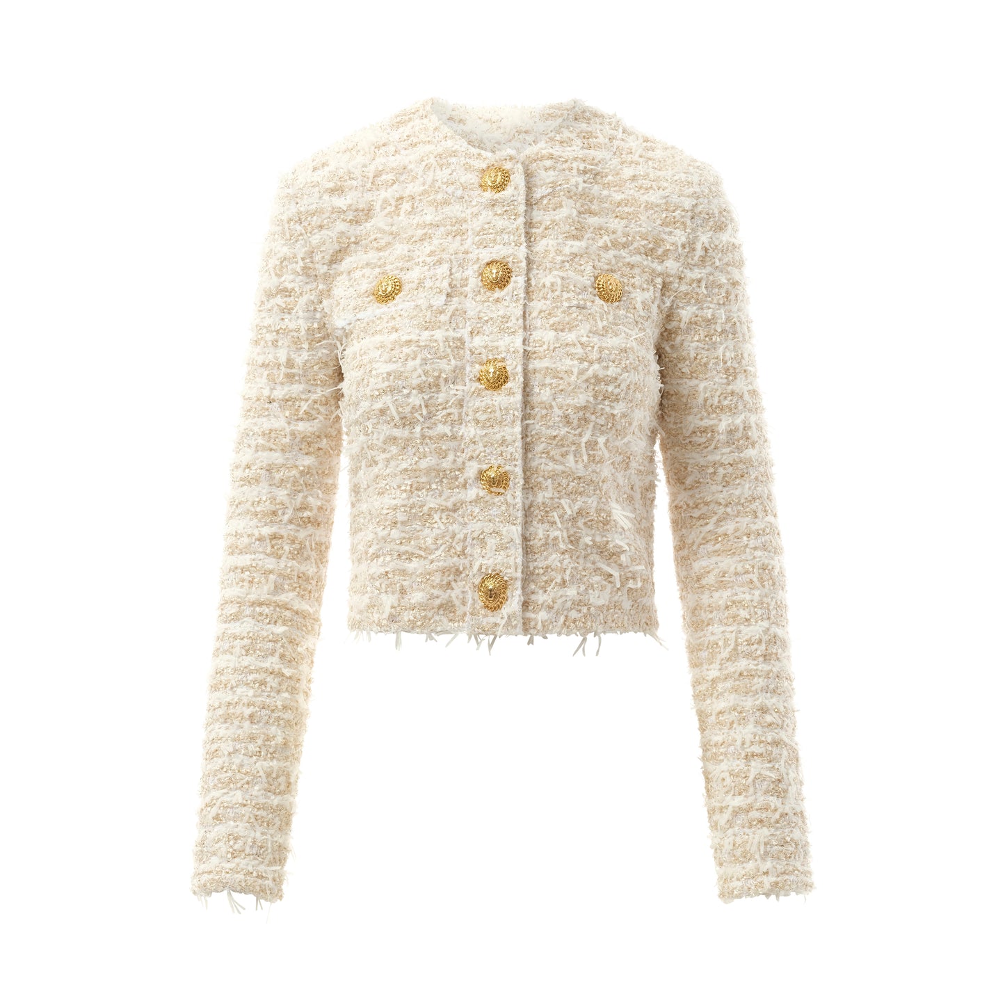 2 Pockets Buttoned Tweed Knit Crop Jacket in White/Gold