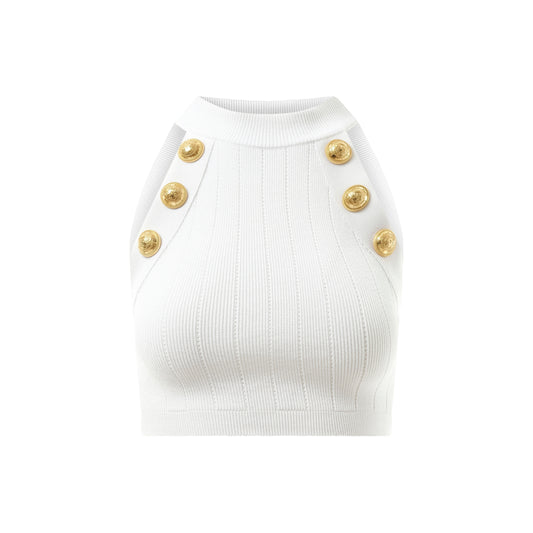 6 Button Halterneck Knit Cropped Top in White