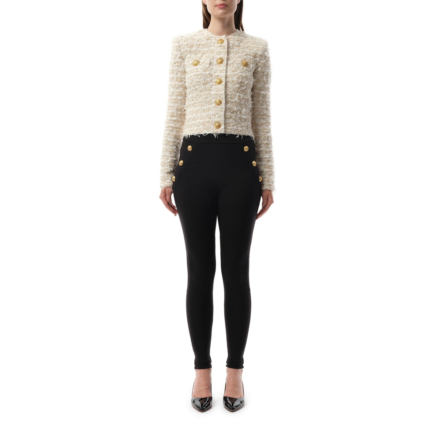 2 Pockets Buttoned Tweed Knit Crop Jacket in White/Gold