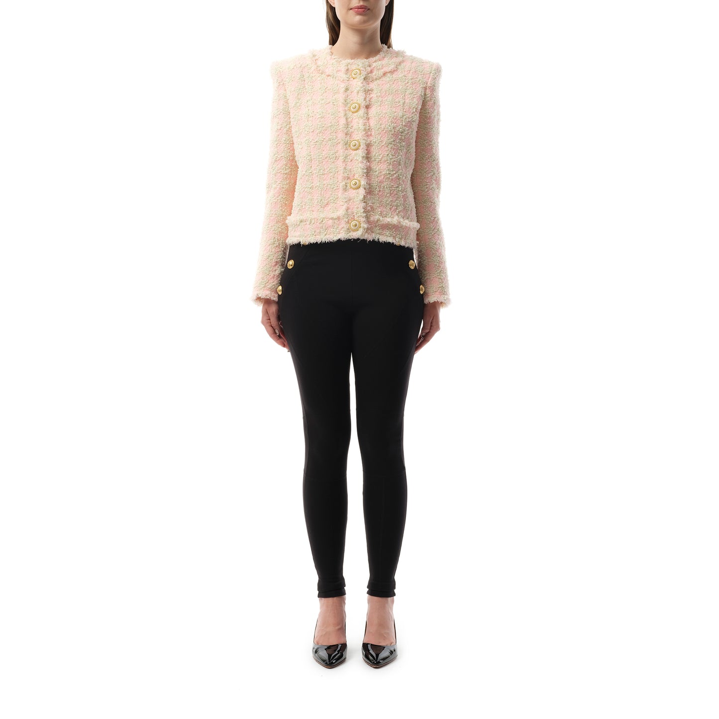 5 Button Collarless Tweed Jacket in Rose/Beige