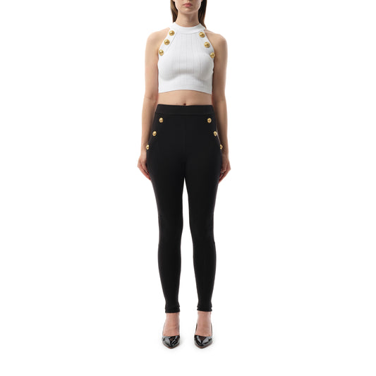 6 Button Halterneck Knit Cropped Top in White