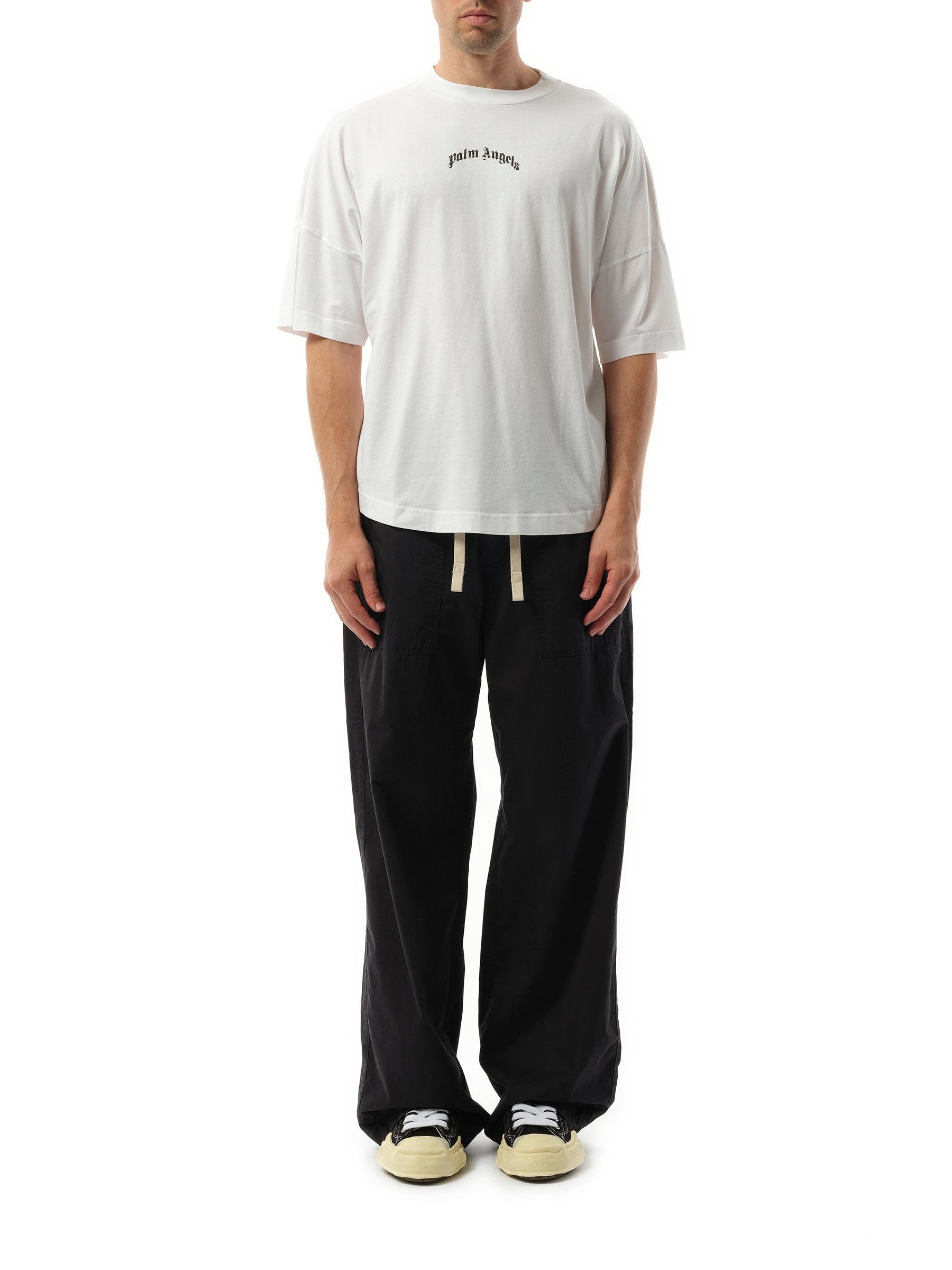 Palm Angels Back Curved Logo Over T-Shirt in Off White/Black