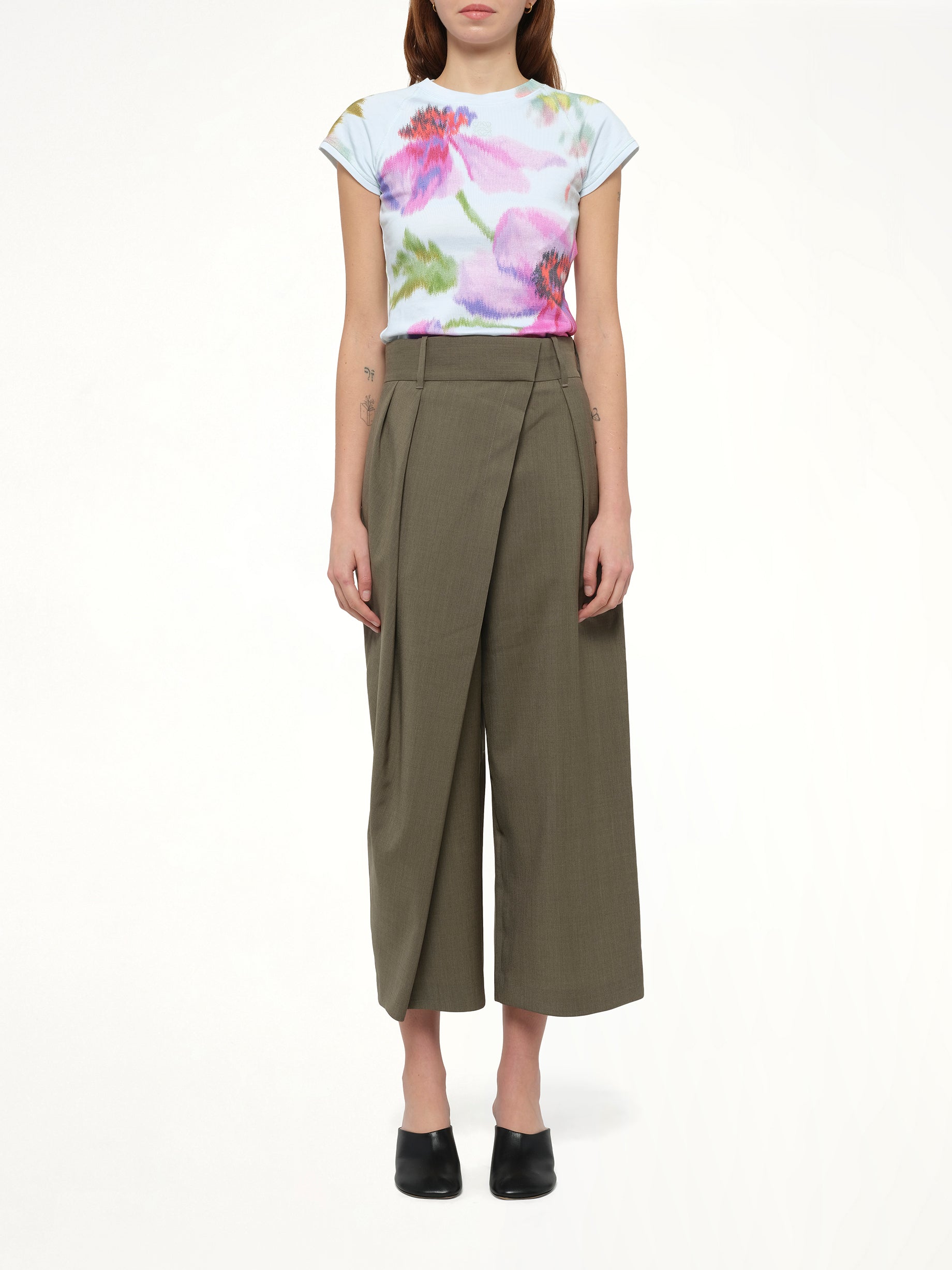 Cropped Wrap Trouser in Khaki Green