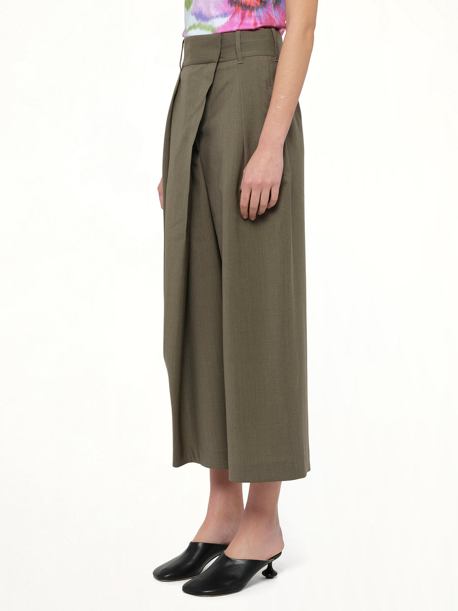 Cropped Wrap Trouser in Khaki Green