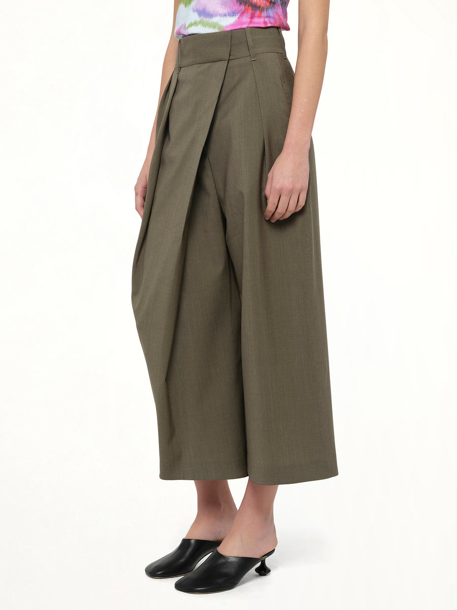Cropped Wrap Trouser in Khaki Green