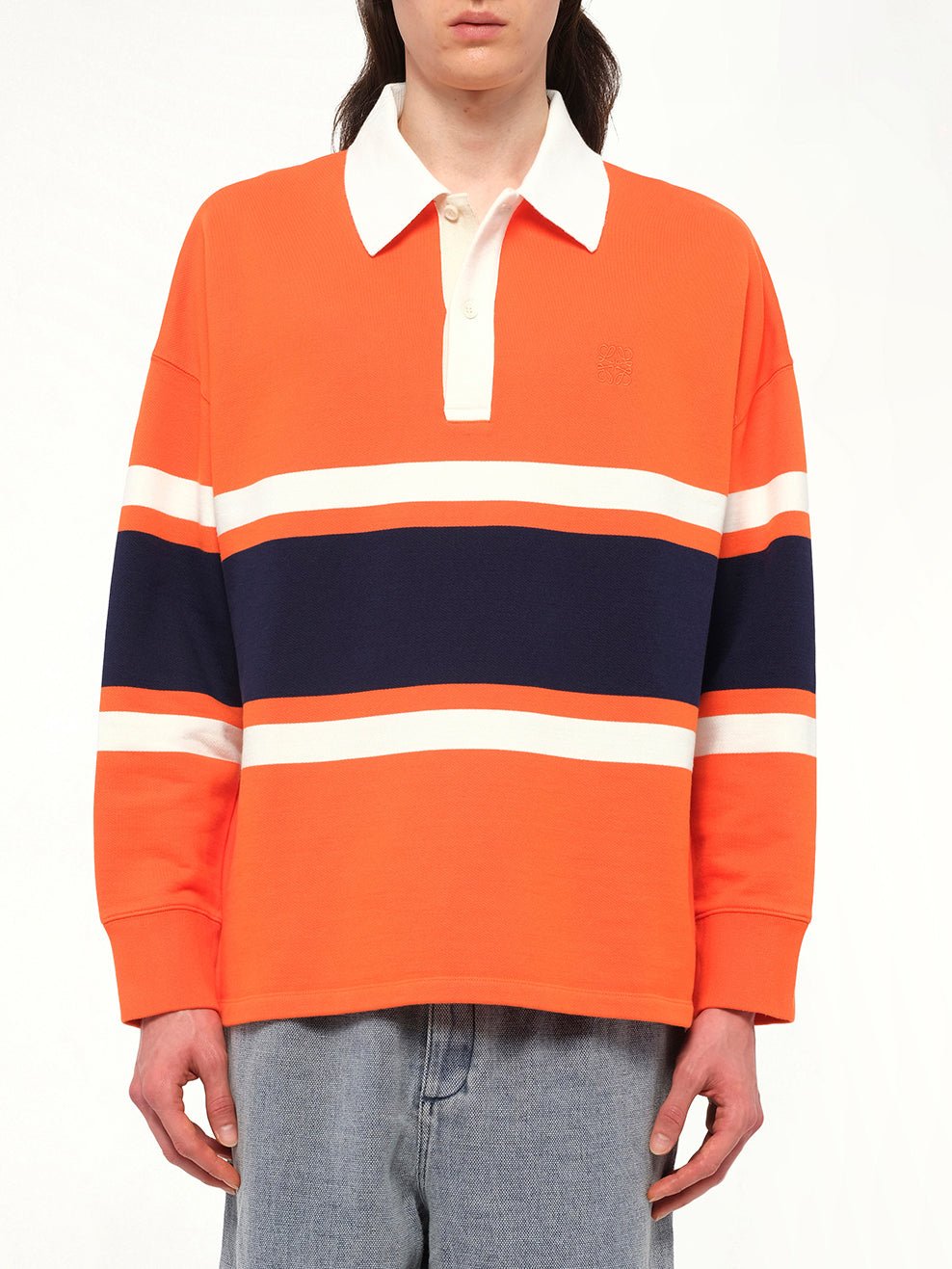 Long Sleeve Polo in Orange/Navy Blue