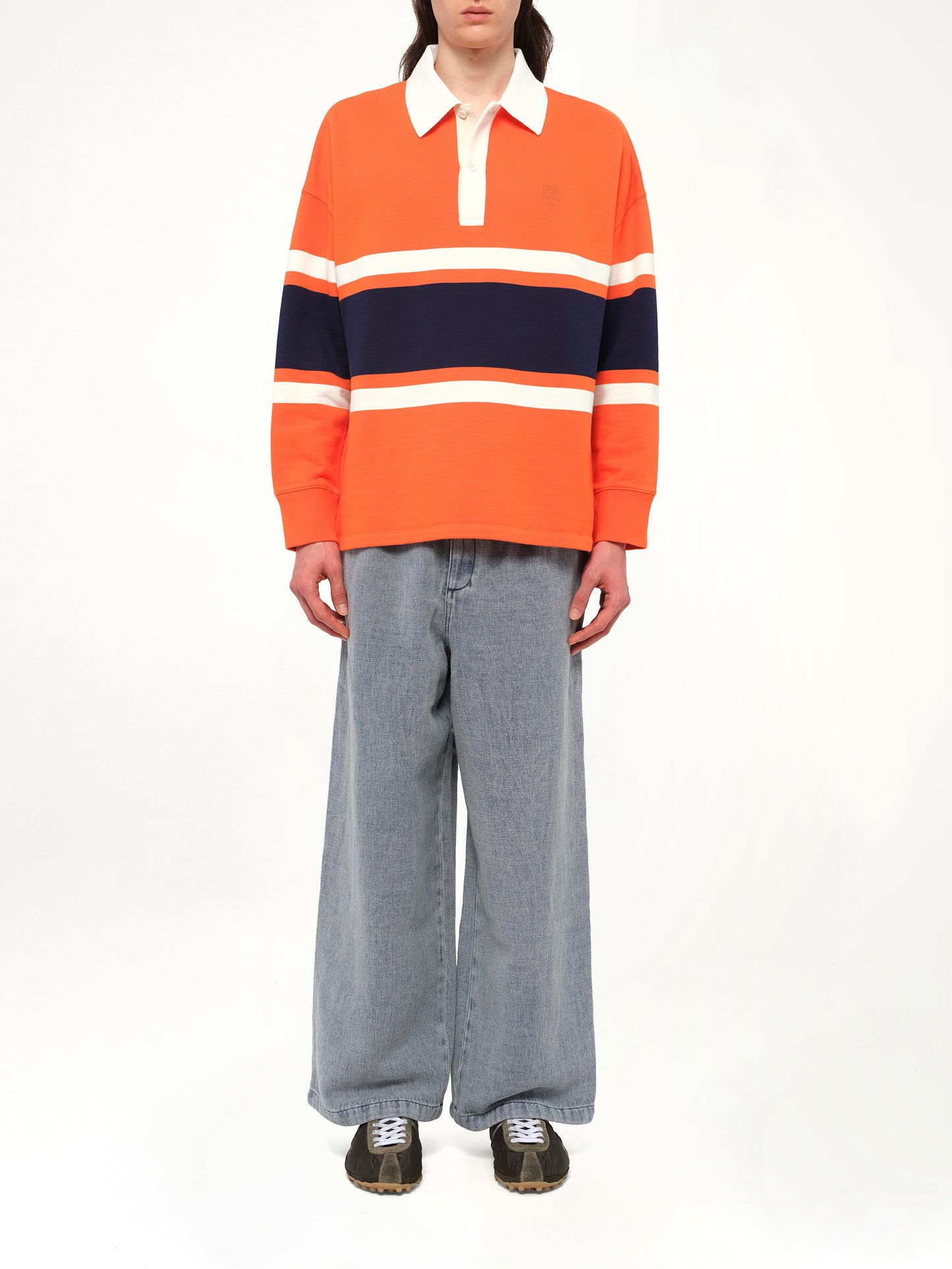 Long Sleeve Polo in Orange/Navy Blue