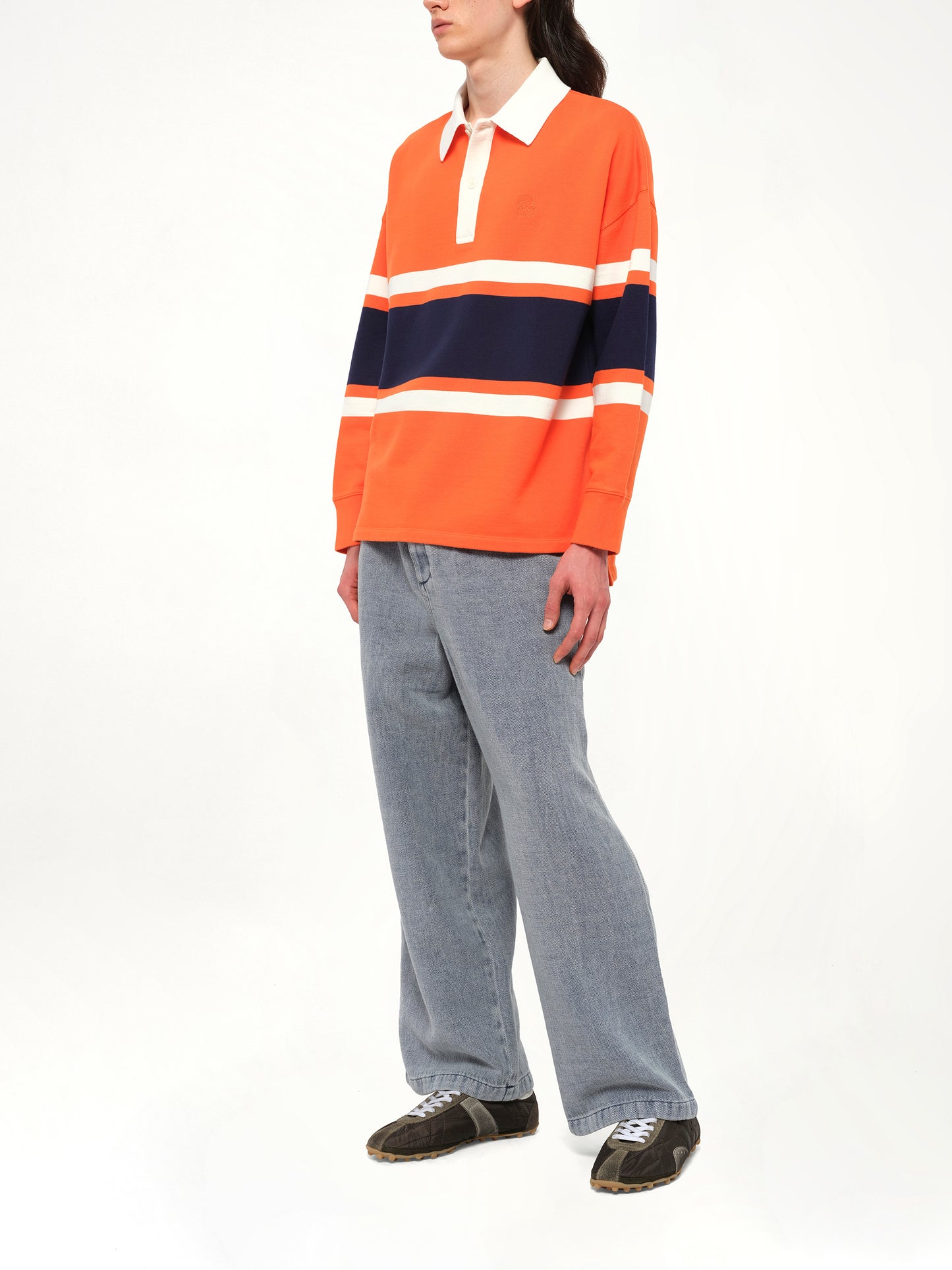 Long Sleeve Polo in Orange/Navy Blue