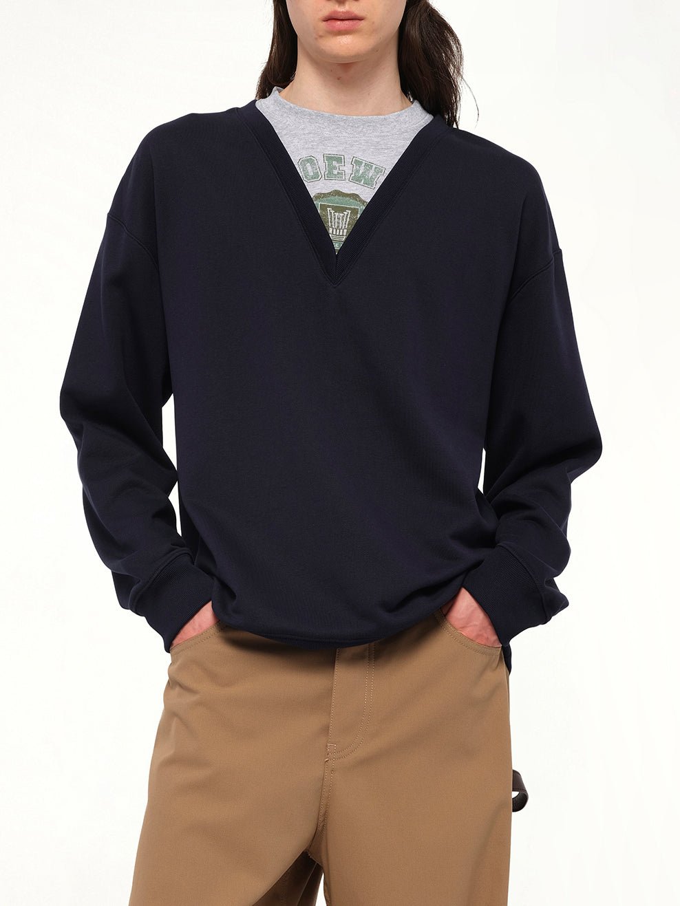 Varsity V-Neck Sweatshirt in Dark Navy Blue