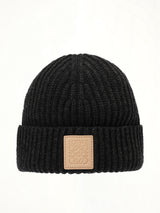 Leather Patch Beanie in Black
