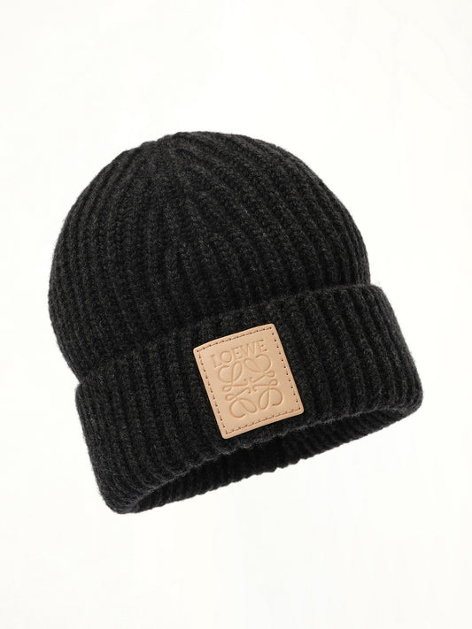 Leather Patch Beanie in Black