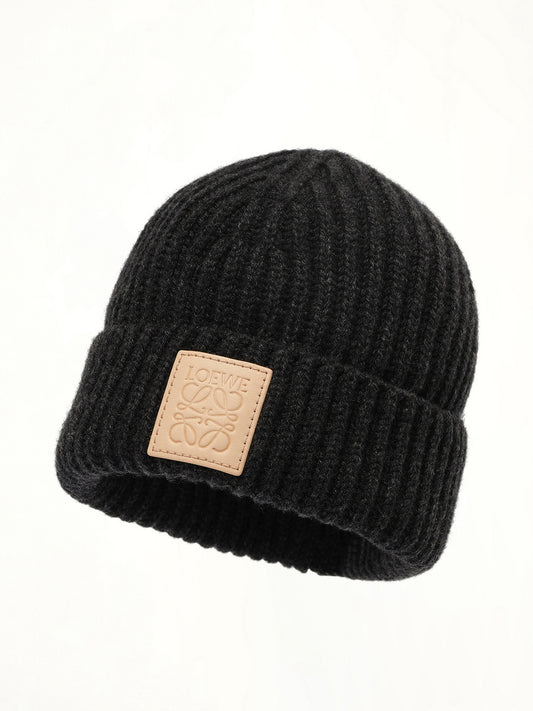 Leather Patch Beanie in Black