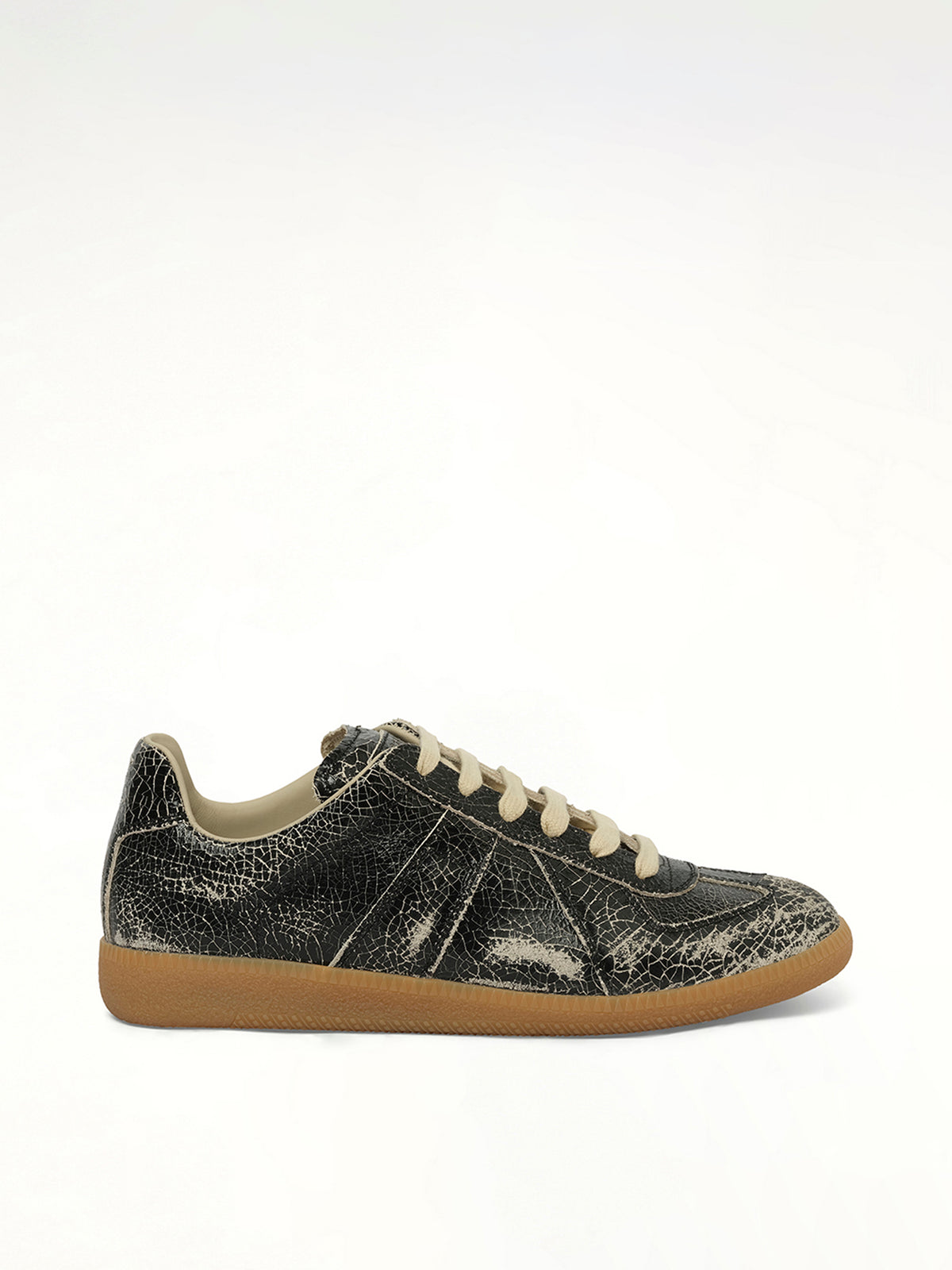 Replica Crackling Leather Sneaker in Black/White Side View | MAISON MARGIELA